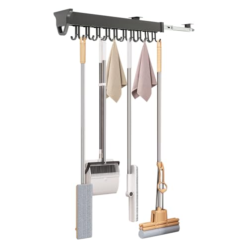 Aluminum Alloy Pull Out Broom Holder, 66lbs Load-Bearing broom storage, 20-Hook Multifunctional Slide Organizer, Cabinet Wall Mounted for Kitchen, Garage, Closet