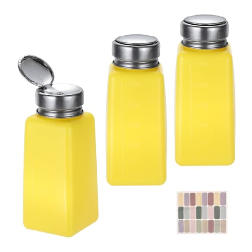 uxcell 3Pcs Push Down Solvent Dispenser, 250ml/8.4oz Anti-Reflux Liquid Pump Bottle with Stainless Steel Lid and Colorful Stickers for Acetone Alcohol Makeup Remover, Yellow - color: Yellow, size: 250ml/8.4oz