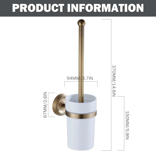 Toilet Brush and Holder Set 14.6in Brass Antique Wall Mounted Toilet Brush with Ceramic Cup Elegant Bathroom Essentials Bowl Bowl Cleaners and Holder
