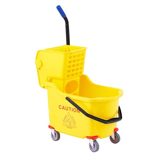 Heavy Duty 32L Commercial Mop and Bucket Set – Double Bucket Floor Cleaning System with Side Press Wringer, Rolling Wheels, for Janitorial, Restaurant, Office, Industrial Use – Yellow