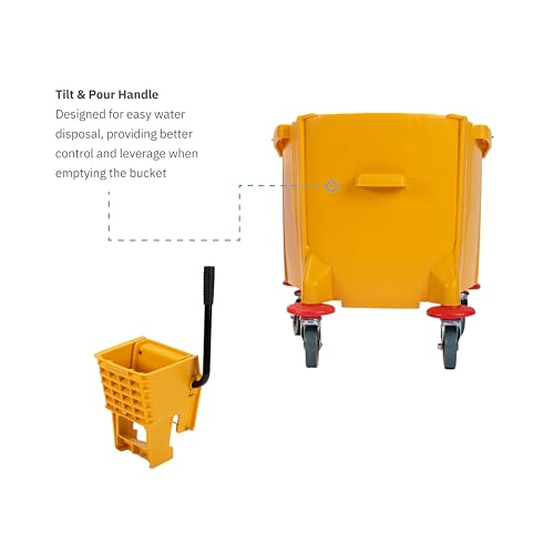 Carlisle FoodService Products 35-Quart Commercial Mop Bucket with Side-Press Wringer, Integrated Pour Spout, and Smooth Rolling Casters for Commercial Cleaning, Durable Polypropylene, Yellow