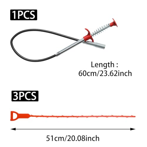 3 Pcs Orange Drain Clog Remover and 1 Pcs 25inch Four Claws Hair Catcher Drain Snake Cleaner Tool, Effective Hair Clog Remover for Toilet/Kitchen Sink/Bathroom Tub - color: Orange