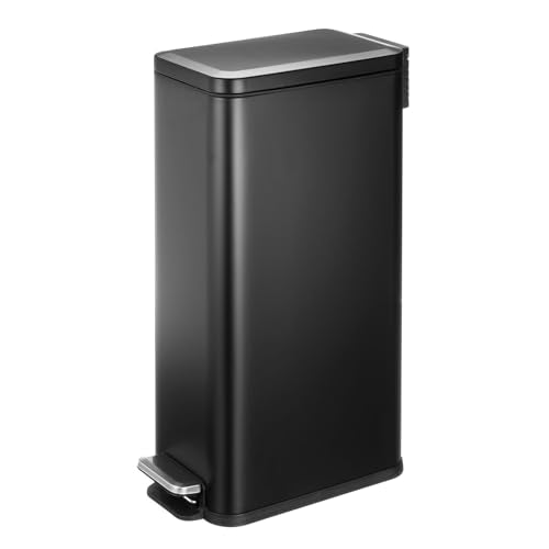 mDesign Slim Metal Rectangle 7.9 Gallon Trash Can with Step Pedal, Easy-Close Lid, Removable Liner - Narrow Wastebasket Garbage Container Bin for Bathroom, Bedroom, Kitchen, Office - Black - color: Black, size: 7.9 Gallon