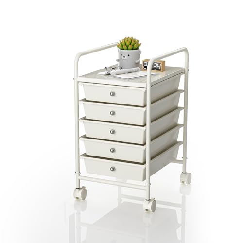 5-Tier Rolling Cart with 5 Drawers, Rolling Utility Cart with 2 Lockable Caster Wheels, Multipurpose Mobile Rolling Storage Drawer Cart for Office Bathroom Kitchen, Ivory White - size: White, 5-Tier