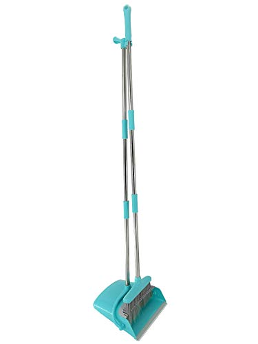 Extendable Long Handle Broom and Dustpan Set, Stainless Lightweight Upright Standing Broom and Dustpan Combo for Kitchen Lobby Office Living Room Household Indoor or Outside (Light Blue) - color: Light Blue