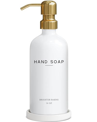 Luxury Glass Hand Soap Dispenser Bathroom Set by Brighter Barns - Hand Soap Dispenser with Stainless Steel Pump - Glass Bottle with Round Tray - White and Gold Bathroom Decor & Accessories (Gold) - color: Gold H