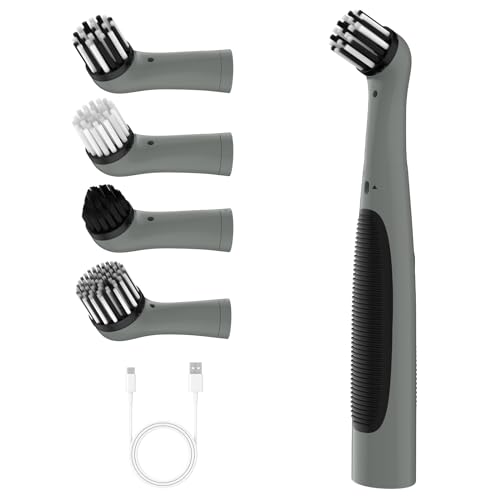 Rechargeable Electric Cleaning Brush with 4 in 1 Multiple Brush Heads and USB Cable, Indoor Household Cordless Motorized Brush for Bathroom Toilet Kitchen Tile Crevice (Grey & Black) - color: Grey & Black