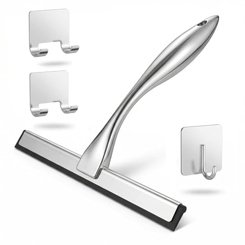 Stainless Steel Shower Squeegee 10 Inch with 2 Adhesive Hooks, Streak-Free Cleaner for Glass Shower Doors, Windows, Mirrors & Tiles