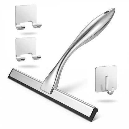 Stainless Steel Shower Squeegee 10 Inch with 2 Adhesive Hooks, Streak-Free Cleaner for Glass Shower Doors, Windows, Mirrors & Tiles
