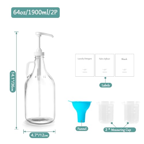 Glass Laundry Detergent Dispenser with Pump, 64OZ Liquid Laundry Soap Dispenser, Fabric Softener Dispenser Bottle for Laundry Room Organization and Storage, 2 Pack - color: 2p