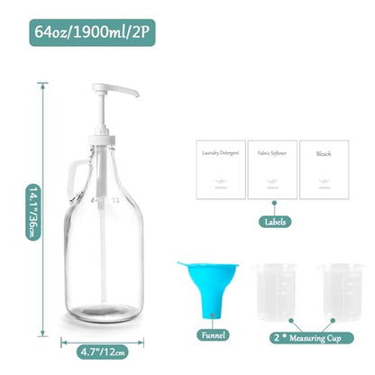 Glass Laundry Detergent Dispenser with Pump, 64OZ Liquid Laundry Soap Dispenser, Fabric Softener Dispenser Bottle for Laundry Room Organization and Storage, 2 Pack - color: 2p