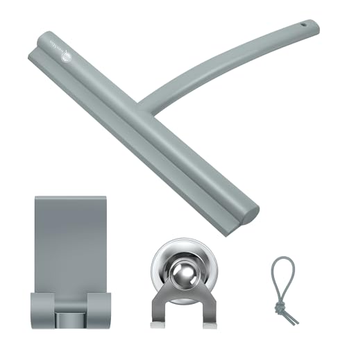 9 Inch Stainless Steel Core Silicone Shower Squeegee with Suction Cup & Hook Streak-Free Wiper for Glass Doors Shower Walls Mirrors Windows Bathroom Cleaning (Grey) - size: Round Head-9 inch（Grey）