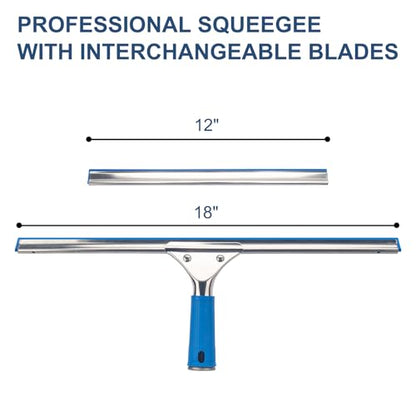 Professional Squeegee for Window Cleaning, 18” Window Squeegee for Shower Glass Door, Stainless Steel Rubber Squeegee Includes 12” Replacement Blades