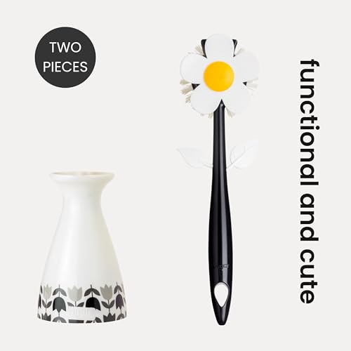 Vigar Flower Power Dish Brush - Flower-Shaped, Dish Brush with Handle and Vase Holder, Scrub Brush for Dishes, Dishwashing Brush, Kitchen Scrub Brush, Pot Scrubber, Kitchen Essentials - White, Black - color: White