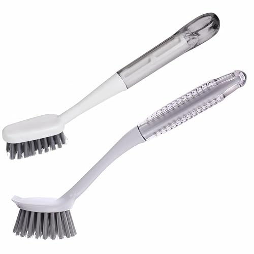 Scrub Brush for Cleaning Dish 2pcs, Round/Triangular Head, Stiff Bristles Long Handle Kitchen Scrubber with Scraper for Sink, Pan, Pot, Dishwashing, Vegetable (2)