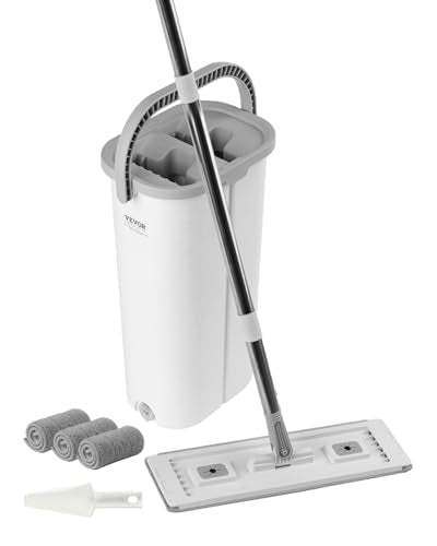 VEVOR Mop and Bucket with Wringer Set, Wet & Dry Use, Flat Mop and Bucket System with 3 Washable Microfiber Pads, Flat Mop with Stainless Steel Handle, Mop Bucket Set for Hardwood Tile Vinyl - style: Flat Mop and Bucket with 3 Pads