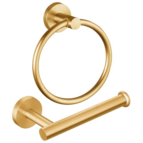 Brushed Gold Bathroom Hardware Set, Towel Ring & Toilet Paper Holder, Stainless Steel SUS304, Hand Towel Hanger & Toilet Roll Holder, Sturdy Bathroom Accessories for Home or Kitchen - color: Brushed Gold
