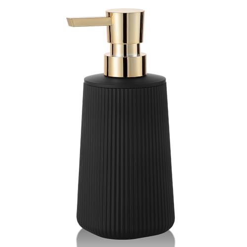 Small Soap Dispenser for Bathroom and Kitchen, Modern Farmhouse Striped Style Plastic Hand Soap Dish Soap Dispenser with Pump Matte Black and Gold - color: Black and Gold