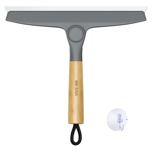 MR.SIGA All Purpose Silicone Squeegee for Shower Door, Mirror, Glass, Streak Free Shower Squeegee, Pivoting Bamboo Handle, Includes 1 Suction Hook, 10 inch Wide, Gray, 1 Pack - color: Gray