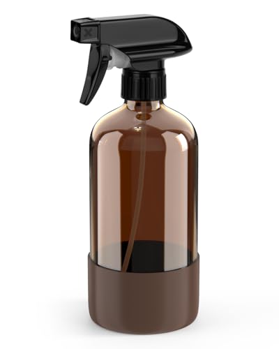 Bontip Amber Glass Spray Bottle with Silicone Sleeve Protection, 16 oz Refillable Spray Bottles for Cleaning Solutions, Plants, Aromatherapy, Facial Hydration (1, Brown, 16 oz) - color: Brown, size: 16 Ounces