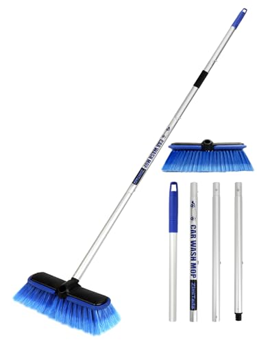 ZimiTeda PBT Car Wash Brush with Long Handle 10'' Larger Soft Bristle Brush Head Rubber Bumper for Vehicle Wheel RV SUV Boat Truck Solar Panel Deck Washing, 60'' 151cm