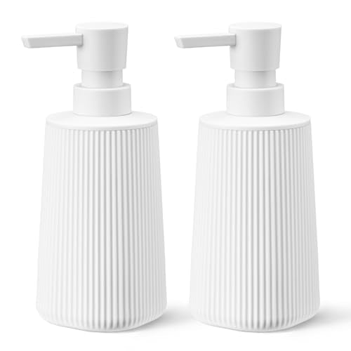 White 2 Pack Hand Soap Dispensers Set with No Rust Pump for Bathroom and Kitchen Countertops Refillable Matte Striped Plastic 8.5 oz - color: White Set of 2