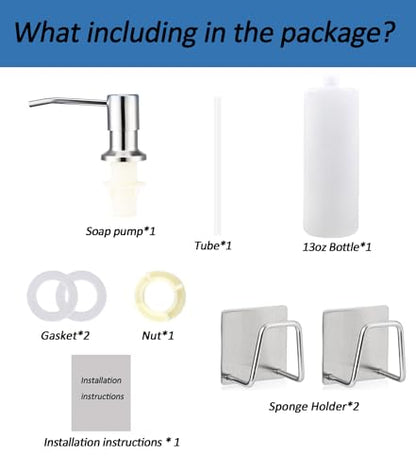 Sink Soap Dispenser Pump with 2 Sponge Holders, Curovtrp Soap Dispenser for Kitchen Sink Stainless Steel Pump Head (Plastic Built in) Refill from The Top, 12OZ Soap Bottle, Chrome - color: Chrome, size: Bottle