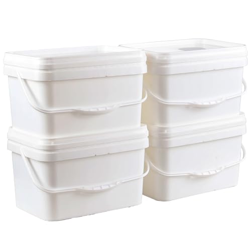 Readsky 3 Gallon Small Rectangular Plastic Food Bucket with Lid, 4 Packs Lidded Storage Buckets with Handle, White