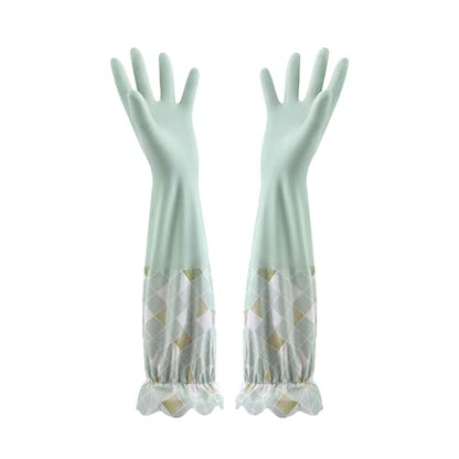 RARITYUS Household Kitchen Cleaning Gloves Waterproof Cotton Lined Dishwashing Non-Slip Long Cuff Gloves - color: Green (Length 19.29'')