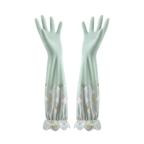 RARITYUS Household Kitchen Cleaning Gloves Waterproof Cotton Lined Dishwashing Non-Slip Long Cuff Gloves - color: Green (Length 19.29'')