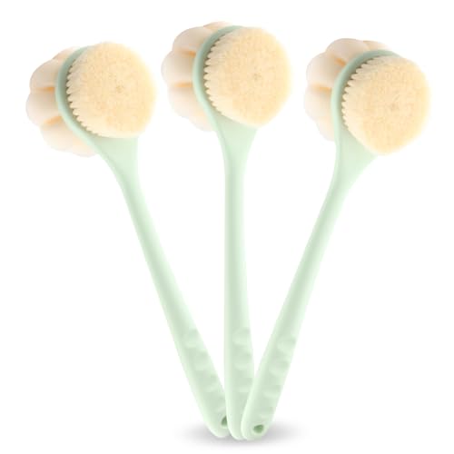 3-Pack Green 15.4" Long Handle Dual Sided Bath Brushes with Soft Bristles and Beautiful Pumpkin Loofah for Gentle Deep Cleansing