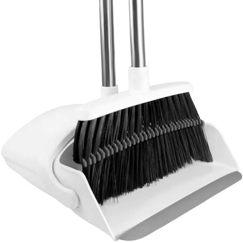 Broom with Dustpan Combo Set for Home, 52-in Long Adjustable Handle Angle Broom and Dustpan Set with Dustpan Comb Teeth for Sweeping Pet Hair Food Dirt Kitchen (White-Grey) - color: White-grey