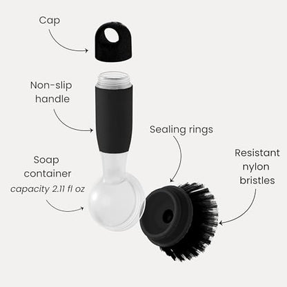 Vigar Rengo Dish Brush with Soap Dispenser - Dish Scrubber with Handle, Kitchen Scrub Brush for Dishes, Sink Cleaning Brush, Soap Dispensing Dish Wand with Nylon Bristles, Non Scratch - Black - color: Black