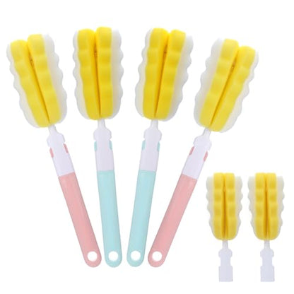 4 Pcs Bottle Brush Sponge, Cup Water Bottle Sponge Brush Cleaner, Detachable Cleaning Brushes for Cleaning with Handle for Baby Glasses Mugs(4Pcs+2 Heads) - size: 4Pcs+2 Heads