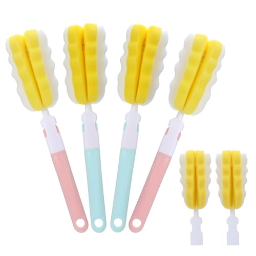 4 Pcs Bottle Brush Sponge, Cup Water Bottle Sponge Brush Cleaner, Detachable Cleaning Brushes for Cleaning with Handle for Baby Glasses Mugs(4Pcs+2 Heads) - size: 4Pcs+2 Heads
