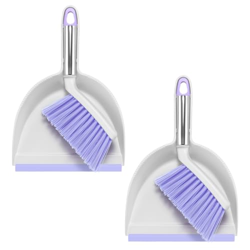 NACENA Mini Broom and Dustpan Set 2 Packs, Small Dust Pan and Brush Set with Handle Dustpan Teeth for Cleaning Hair Suitable for Office Desks Drawers Sofas Outdoor Camping, Light & Purple - color: Light & Purple, size: 2 Pack