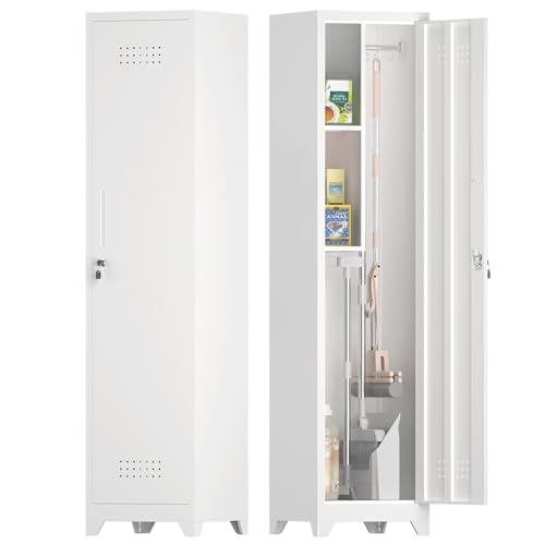 IRONFFICE Tall Broom Closet Storage Cabinet,Narrow Metal Storage Cabinets for Brooms and Mops,Slim Utility Cabinets with Doors,Broom Cabinet for Laundry,Living Room,Office,White - color: White, size: indoor-65"H-1door