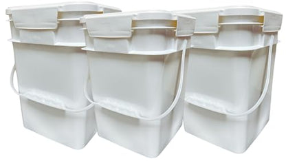 House Naturals 4 Gallon Square Food Grade Bucket Pail with Plastic Handles and Lid (Pack of 3) Made in USA containers (White) - color: White