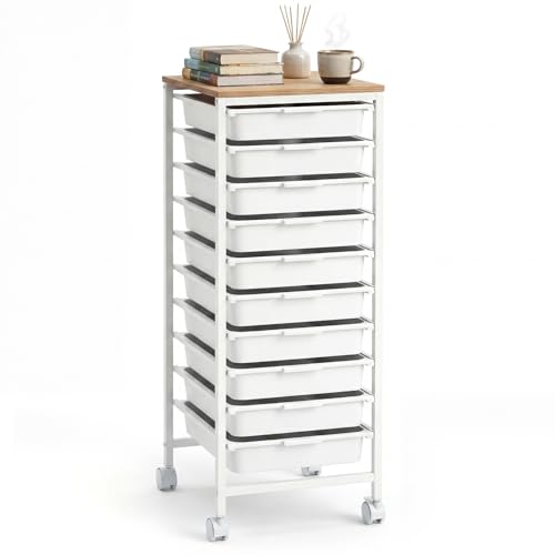 RELAX4LIFE 10-Drawer Rolling Storage Cart - Mobile Art Supply Craft Organizer on Wheels w/Wooden Tabletop & Metal Frame, Utility Storage Cart for Home Living Room Office Classroom (White, 33.5”H) - color: White, size: 33.5”H