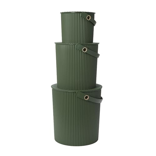 Hachiman Bucket Set of 3 - Includes Mini, Large, and Extra Large Heavy Duty Buckets with Lid and Handle - Hands-Free Filling - Easy to Stack and Store - Indoor Outdoor Use - Garden Green - color: Garden Green, size: Set of 3