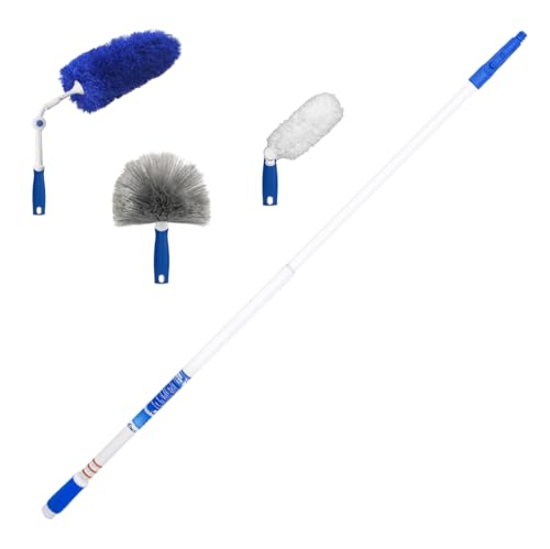 Unger Connect and Clean Dusting Kit with 4' Steel Pole, Features Microfiber Duster, Cobweb and Corner Duster and Wide Blind Duster, High-Access Dusting and Cleaning of Blinds, Windowsils, Cabinets