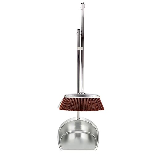 Broom and Dustpan Set with Long Handle, Upright Stainless Steel Dustpan and Broom Combo, Heavy Duty Dust Pans with Broom for Home Kitchen Office Lobby Floor,Brown - color: Brown