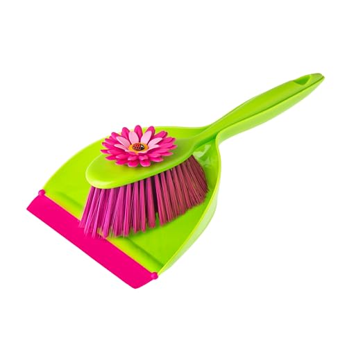 Vigar Flower Power Dust Pan and Brush Set - Mini Broom and Dustpan Set, Handheld Broom and Dustpan Set With Whisk Broom, Small Dustpan and Brush Set, Compact Indoor Sweeper for Countertop - Pink Green - color: Flower Power