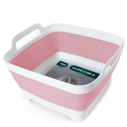 FOSJGO Collapsible Dish Basin with Drain Plug, 2.4 Gal (9L) Space-Saving Foldable Sink, Wash Basin for Kitchen, Baby Bottles, Vegetable Washing, Camping, RV and Party Beverage Tubs (Pink) - color: Pink
