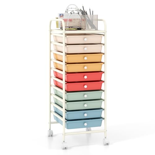 COSTWAY 10-Drawer Rolling Storage Cart, Utility Mobile Trolley with Removable Drawers & Universal Casters & 2 Brakes, Versatile Flexible Drawer Organizer Cart for Home, Office, Macaron - color: Macaron, size: 13"L x 15"W x 34"H (10 Drawer)