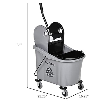 HOMCOM 9.5 Gallon (38 Quart) Mop Bucket with Wringer Cleaning Cart, 4 Moving Wheels, 2 Separate Buckets, & Mop-Handle Holder, Grey