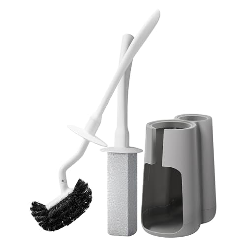 Toilet Brush and Holder Set with Pumice Stone – Long Handle Toilet Bowl Brush, Anti-Splash Scrubber, Ventilated Drip-Free Base, Deep Cleaner for Hard Water Stains, Limescale, Toilet Rings, Grey - color: Gray