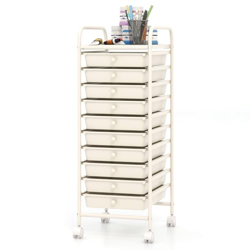 COSTWAY 10-Drawer Rolling Storage Cart, Utility Mobile Trolley with Removable Drawers & Universal Casters & 2 Brakes, Versatile Flexible Drawer Organizer Cart for Home, Office, White - color: White, size: 13"L x 15"W x 34"H (10 Drawer)