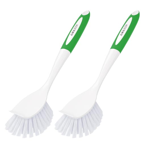 Amazer Dish Brush with Handle, 2 Pack Kitchen Scrub Brushes with Built-in Scraper for Cleaning, Dish Scrubber with Stiff Bristles for Sink, Pots, Pans (Green+Green) - color: Green+green, size: 2 Pack