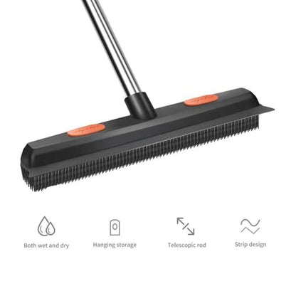 Rubber Broom Carpet Rake, Long Handle Telescoping Pets Hair Removal Broom with Squeegee, Portable Remover Brush, Cleaning Tool